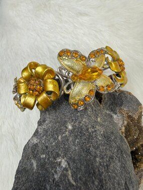 Gold/Silver Tone Orange Rhinestone Flowers & Butterfly Clamper Cuff Bracelet